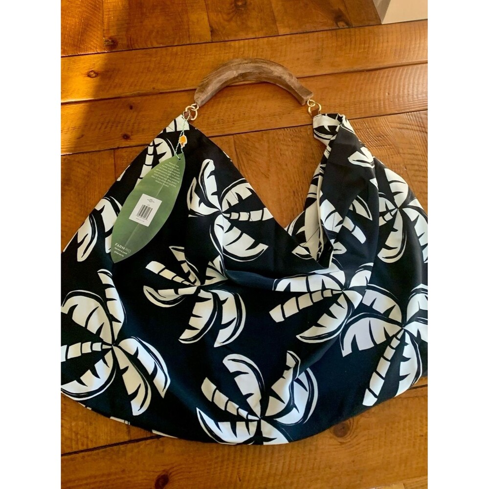NEW FARM Rio Black And White Scarf Tote Bag Wood Handle Reversible Palm Trees - Picture 8 of 12
